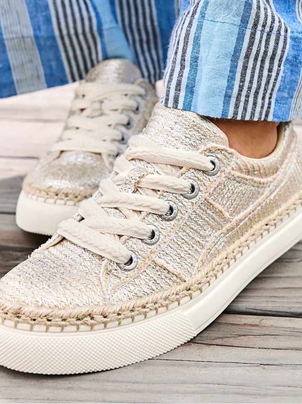Metallic Beige Low-Top Woven Sneakers